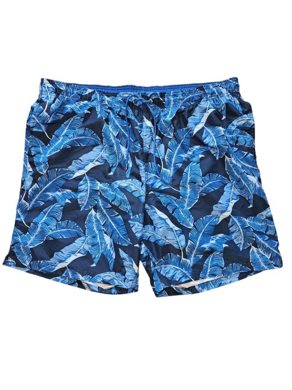 Lands' End Palm Print Blue Drawstring Lined Swim Trunks Men XXL 44-46 Pockets